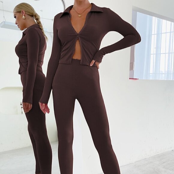 Chocolate Brown Casual Womens Zip Up Ribbed Knit Jacket & Leggings